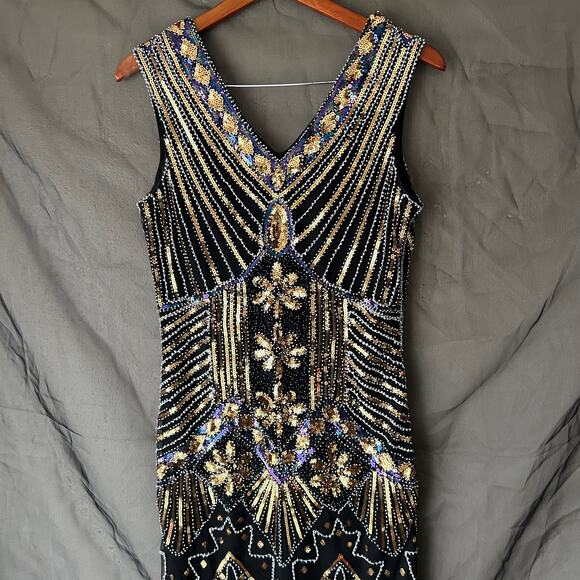Unbranded Gold and Black Beaded Flapper Dress Size Large - Picture 2 of 9